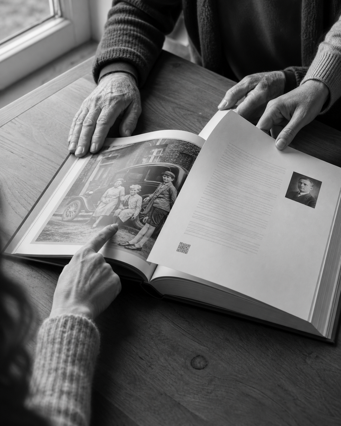Verschillende generaties bekijken samen een levensverhaal in boekvorm